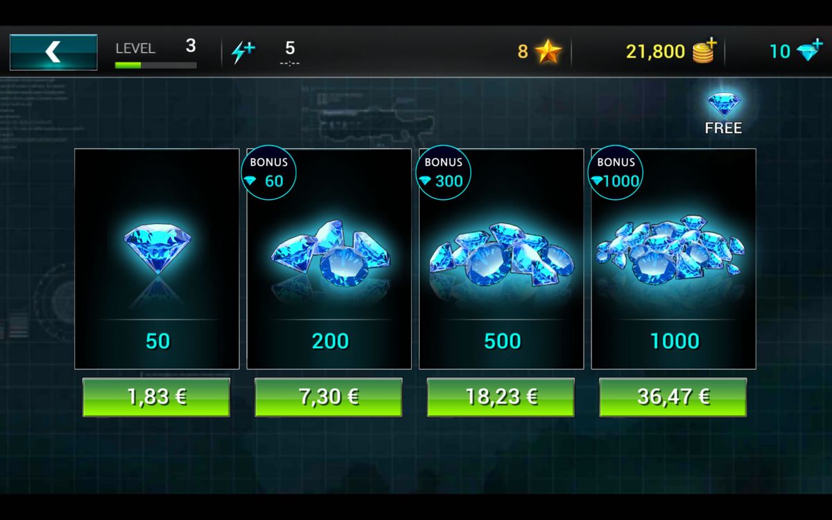 Hellgate: London FPS (Android) screenshot: In-app purchases for gems, the premium currency