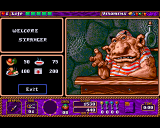Traps 'n' Treasures (Amiga) screenshot: Would you buy something from this gentleman? You should. The power-ups are expensive but make it easier to get through the level.