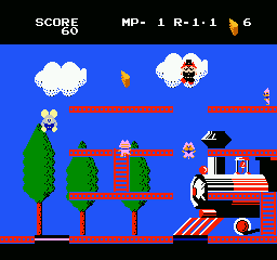 Mappy-Land (NES) screenshot: Bouncing on a trampoline.