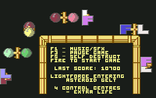 Lightforce (Commodore 64) screenshot: Main menu and starting level 1