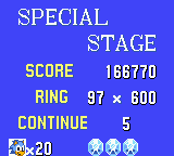 Sonic the Hedgehog (Game Gear) screenshot: Ending a special (bonus) stage. The more advanced the bonus stage, the more points you get with each ring.