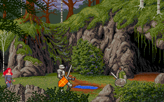 Spirit of Excalibur (DOS) screenshot: Saxon attacking near a cave.