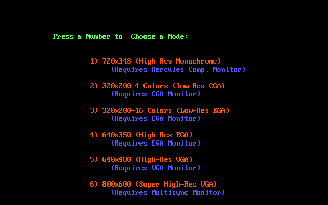 Moraff's Blast I (DOS) screenshot: Graphics selection screen