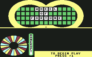 Wheel of Fortune: New 3rd Edition (Commodore 64) screenshot: Press F1 to begin round 1.