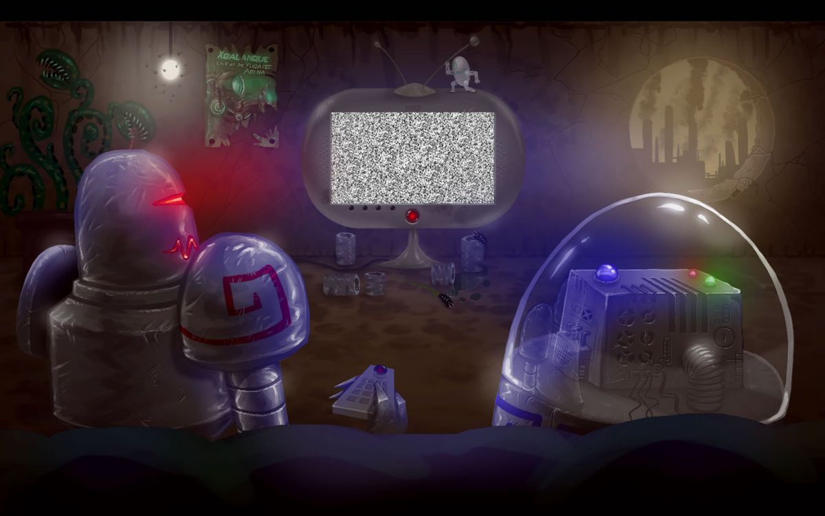 Mayan Death Robots (Windows) screenshot: The robots are getting ready to watch their favourite TV show.