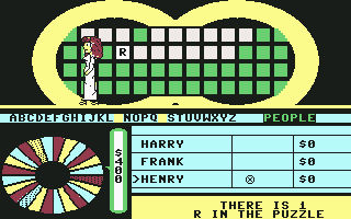 Wheel of Fortune: New 3rd Edition (Commodore 64) screenshot: There is 1 R in the puzzle.