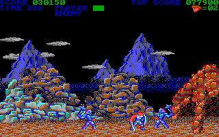 Trojan (DOS) screenshot: Enemies come from all directions (EGA).
