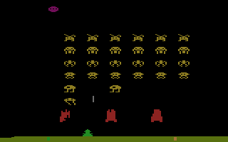 Space Invaders (Atari 2600) screenshot: The scores disappear when a saucer flies by.