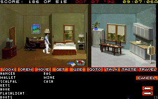 Countdown (DOS) screenshot: Mason's appartment. Let's grab our special agent equipment!