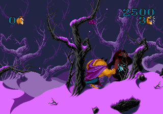Disney's Beauty and the Beast: Roar of the Beast (Genesis) screenshot: The second part of the game takes place in the icy woods.
