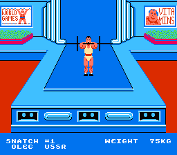 World Games (NES) screenshot: Weight-lifting