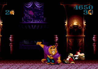 Disney's Beauty and the Beast: Roar of the Beast (Genesis) screenshot: Slap them to the sides of the screen to have them thrown out.