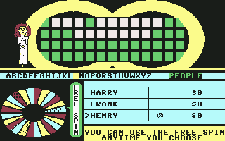 Wheel of Fortune: New 3rd Edition (Commodore 64) screenshot: Henry spun a Free Spin.