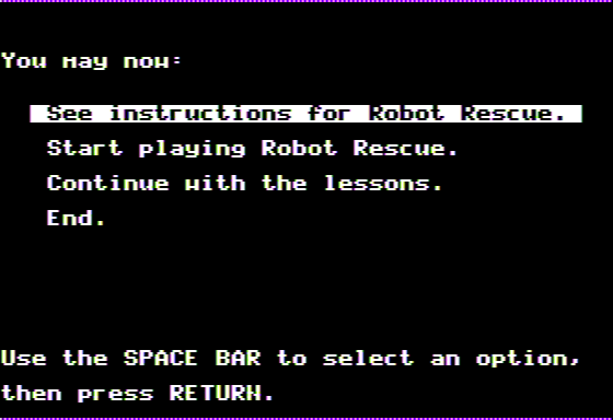 End Punctuation (Apple II) screenshot: Preparing to Play Robot Rescue