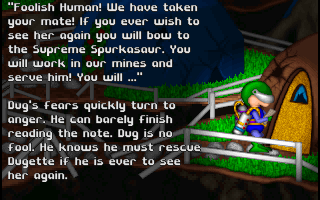 Dig It! (DOS) screenshot: Intro scene (Dug reads the note, with his eyes covered, he is definitely the man!)