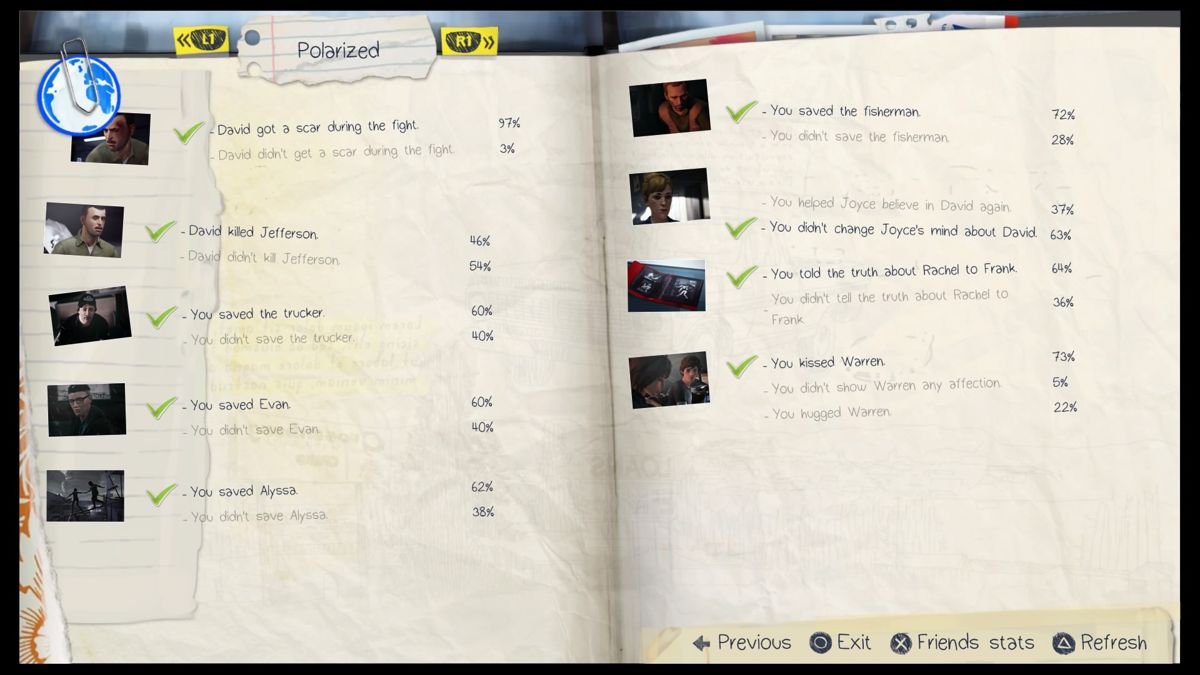 Life Is Strange: Episode 5 - Polarized (PlayStation 4) screenshot: List of minor choices compared to other players