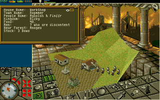 PowerMonger (DOS) screenshot: My troops are making bows at a workshop. (VGA 256 Color)