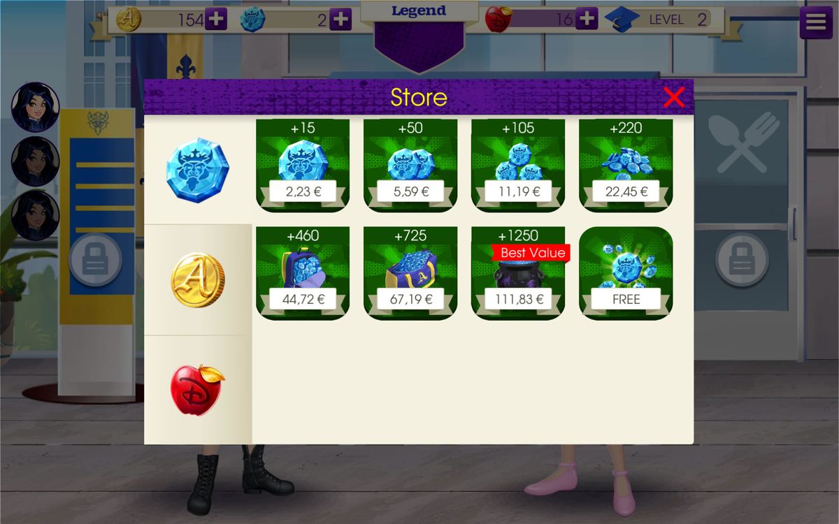 Descendants (Android) screenshot: In-app purchases for the premium medallion currency