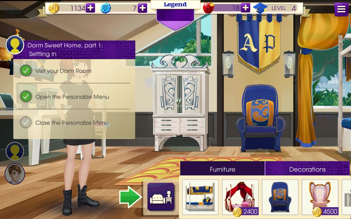 Descendants (Android) screenshot: You have your own dorm room which you can customize.
