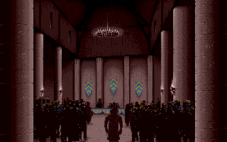 PowerMonger (DOS) screenshot: Intro - Spy enters hall. (VGA 16 Color)