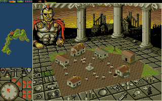 PowerMonger (DOS) screenshot: My men in a village. (VGA 16 Color)