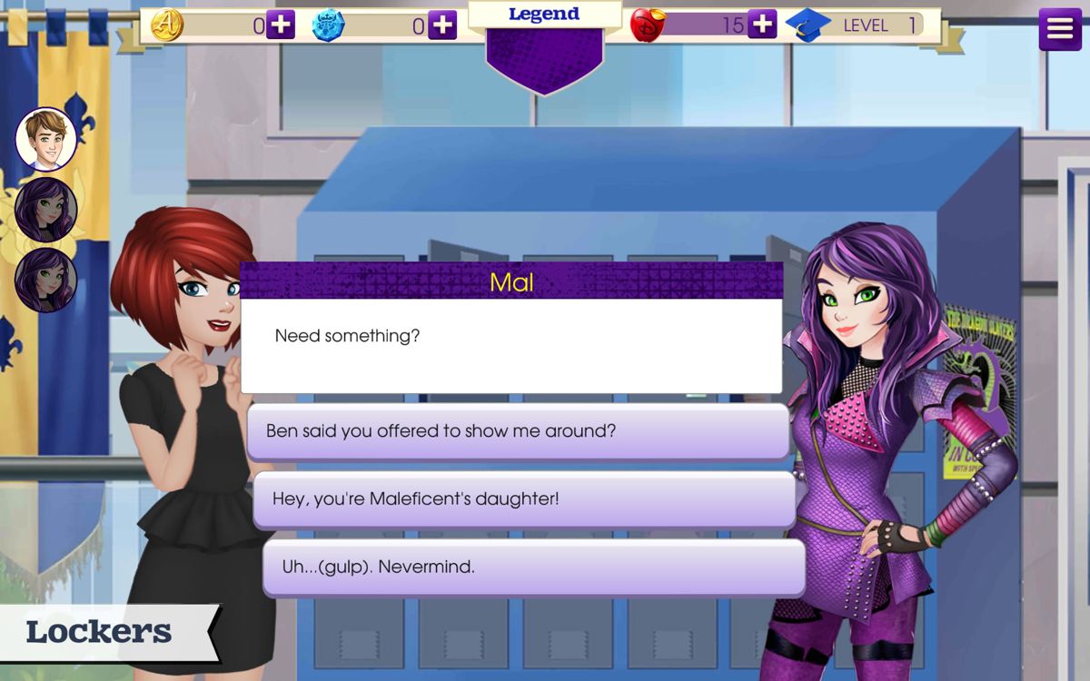 Descendants (Android) screenshot: Conversation options while talking to Mal.