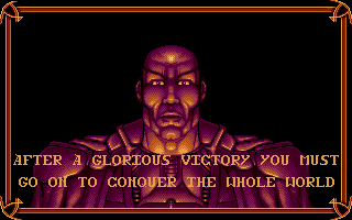 PowerMonger (DOS) screenshot: Completed one island! (VGA 16 Color)