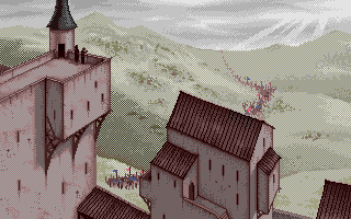 PowerMonger (DOS) screenshot: Intro - My army marches forth to conquer the world! (VGA 16 Color)