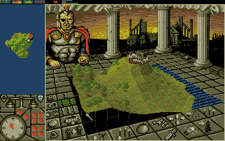 PowerMonger (DOS) screenshot: Starting off on a hill. (VGA 16 Color)