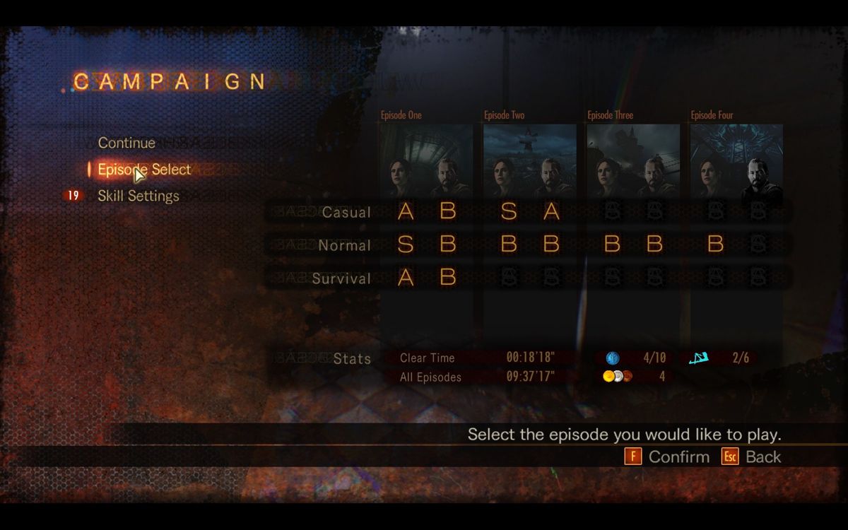 Resident Evil: Revelations 2 - Episode One: Penal Colony (Windows) screenshot: Campaign mode. You can select which episode to play here depending on what you have bought and unlocked.