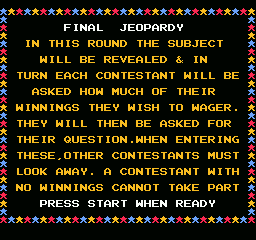 Jeopardy! Junior Edition (NES) screenshot: rules to final jeopardy