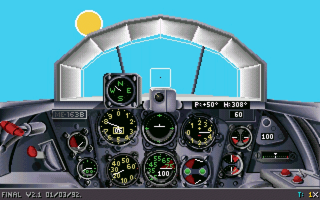 Secret Weapons of the Luftwaffe (DOS) screenshot: Me163 Cockpit - there's the sun, and the version