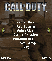 Call of Duty (J2ME) screenshot: Mission selection screen. This is only shown once you completed a mission, and new ones are added gradually.