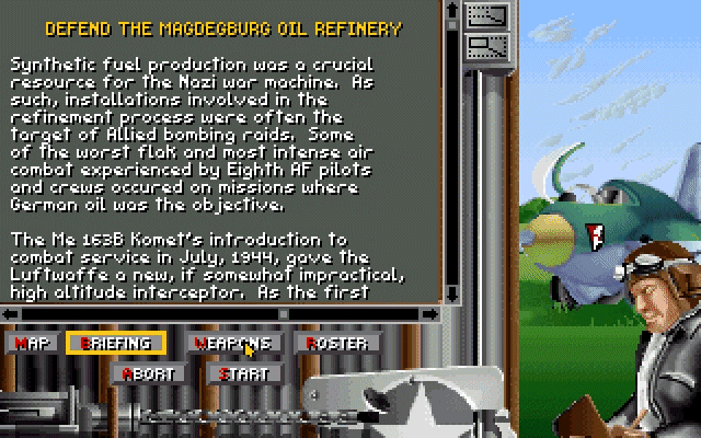 Secret Weapons of the Luftwaffe (DOS) screenshot: Me163 Komet briefing - if you read it you'll see how this was an educational game :)