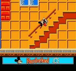 Mickey's Adventures in Numberland (NES) screenshot: It appears Mickey is falling down a flight of stairs... worry not though, that's just how he climbs up the stairs in the game