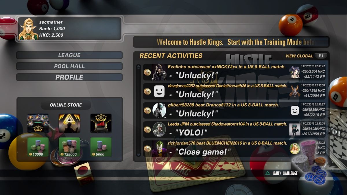 Hustle Kings (PlayStation 4) screenshot: Main menu