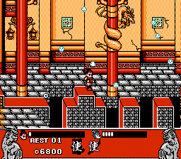 Conquest of the Crystal Palace (NES) screenshot: Jumping holes in the floor as things fall from above