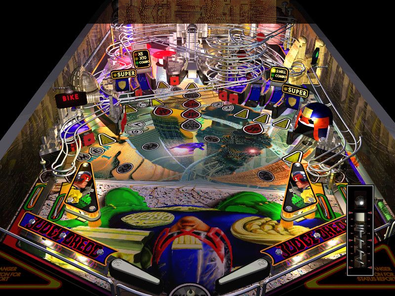 Judge Dredd Pinball (DOS) screenshot: Main pinball table with ball launcher overlaid