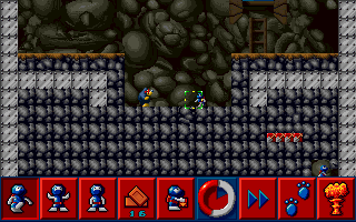 The Lemmings Chronicles (DOS) screenshot: Shadow tribe level 7, you have to use that mole to aid you dig through the level.
