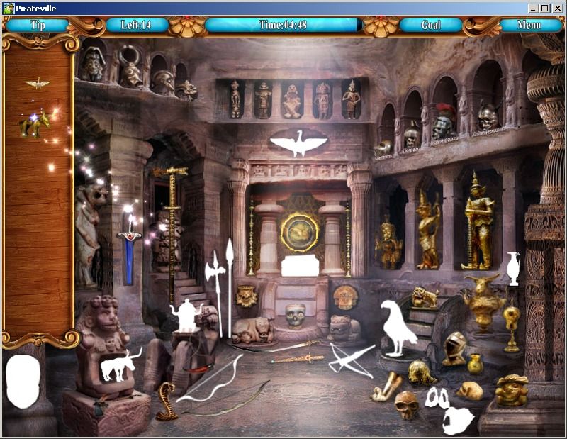 Pirateville (Windows) screenshot: Final hidden object room requires you to put the gathered relics in their rightful place rather than look for items