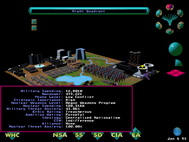 CyberJudas (DOS) screenshot: Iraq: Nuclear weaponry information. Uh, nope no nukes here. What? They still haven't found any WMDs? What US invaded Iraq for WMDs? What Saddam Hussein is already executed and still no WMDs?
