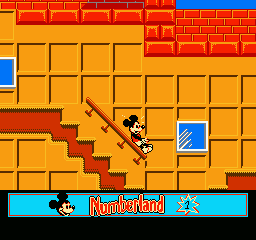 Mickey's Adventures in Numberland (NES) screenshot: Sliding down the stair railing