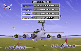 Secret Weapons of the Luftwaffe (DOS) screenshot: You can fly three fighters and one bomber for the U.S. Air Force.