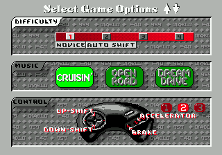 The Duel: Test Drive II (Genesis) screenshot: Selecting game options
