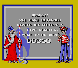 The Great Waldo Search (SNES) screenshot: If you get all the scrolls ans find Waldo in each picture, you get this screen.