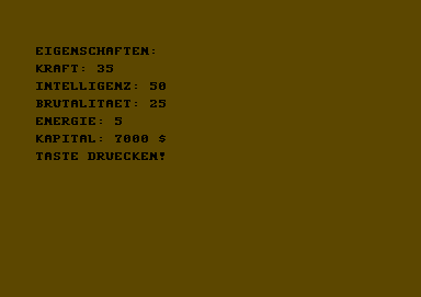 Mafia (Commodore 64) screenshot: Your character's stats: strength, intelligence, brutality, energy and money