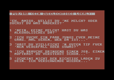 Mafia (Commodore 64) screenshot: In bars you can trade alcohol, hire gang-members, get hints about upcomming crimes or get different jobs