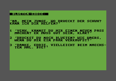 Mafia (Commodore 64) screenshot: From Eddie you can buy false money and fake IDs