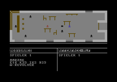 Mafia (Commodore 64) screenshot: Working as a bouncer, no one mins if you use your gun...