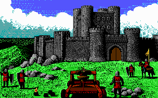 Defender of the Crown (PC Booter) screenshot: Attacking a Saxon castle. (EGA)